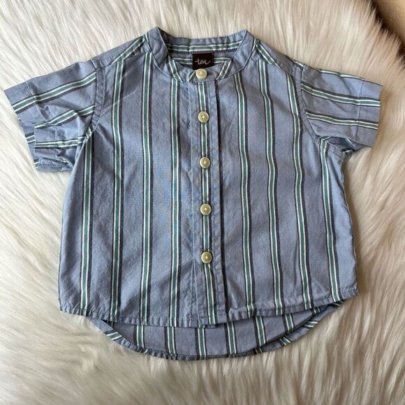 Tea Collection Dusty Blue Striped Woven Shirt Size 6-9 Months - Picture 1 of 8